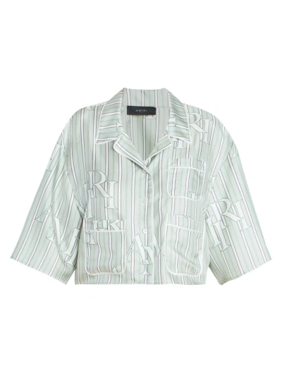 Amiri Silk Satin Short Sleeve Cropped Shirt In Seacrest