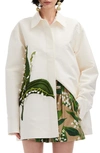 OSCAR DE LA RENTA LILY OF THE VALLEY BOXY EMBROIDERED SILK BUTTON-UP SHIRT