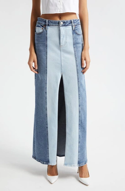 ALICE AND OLIVIA RYE TWO-TONE SLIT FRONT DENIM MAXI SKIRT