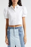 ALICE AND OLIVIA WILLA PUFF SLEEVE CROP COTTON BLEND BUTTON-UP SHIRT