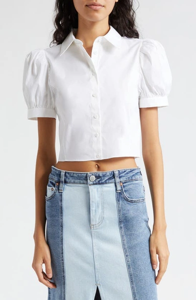 ALICE AND OLIVIA WILLA PUFF SLEEVE CROP COTTON BLEND BUTTON-UP SHIRT