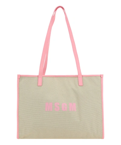 Msgm Medium Logo-print Tote Bag In Beige