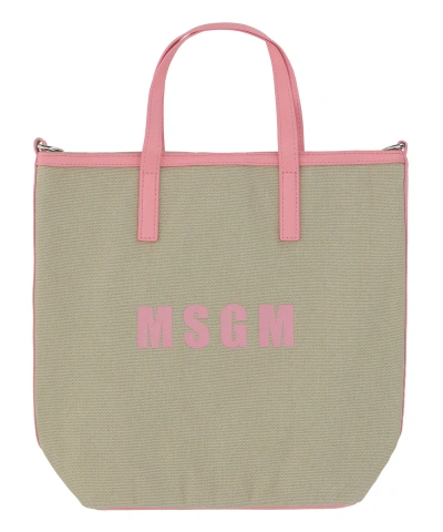 Msgm Small Tote Bag In Beige