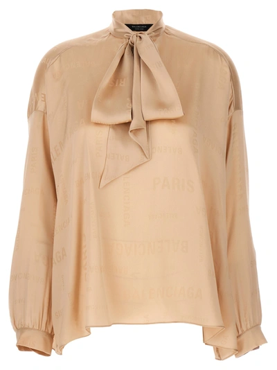 Balenciaga Oversized Beige Shirt With Bow Detail And All-over Jacquard Logo In Silk Woman