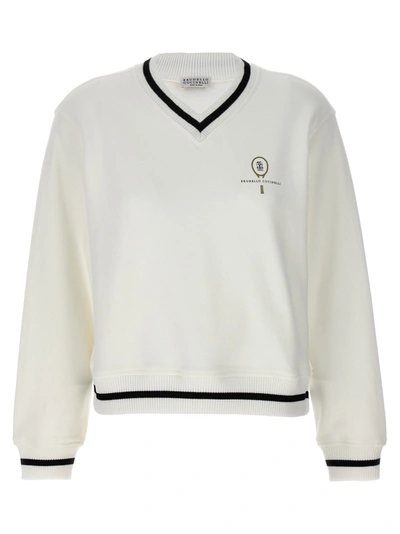 Brunello Cucinelli Tennis Logo Embroidered V-neck Long-sleeve Cotton Sweatshirt In Blanco