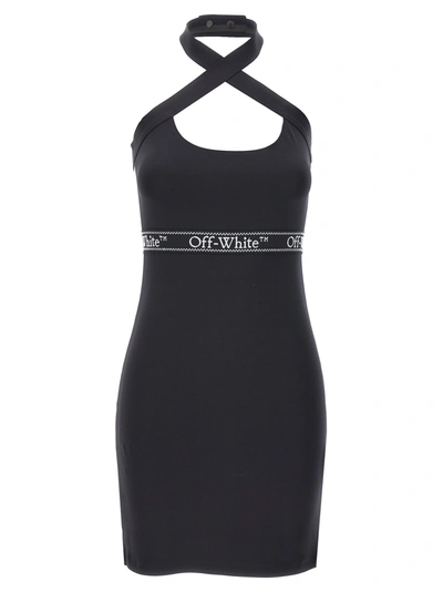 Off-white Logo-waistband Criss-cross Straps Minidress In Black