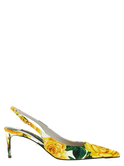 Dolce & Gabbana Floral-print Leather Slingback Pumps In Yellow