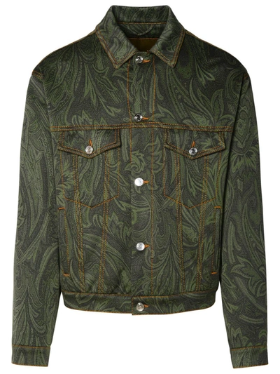 Etro Paisley Jacquard Logo Patch Denim Jacket In Green