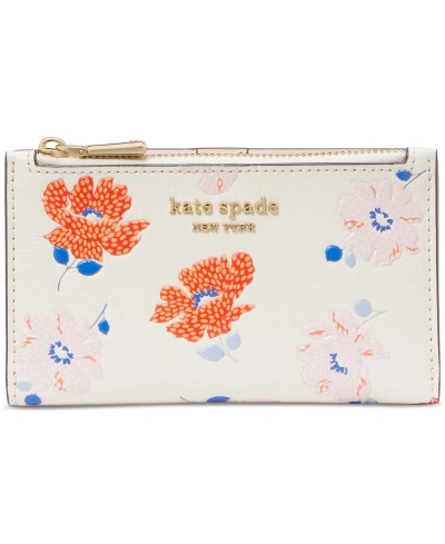 Kate Spade Morgan Dotty Floral Embossed Saffiano Leather Small Slim Bifold Wallet In White Multi