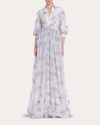 Badgley Mischka Pleated Sequin-embellished Floral-print Gown In Purple