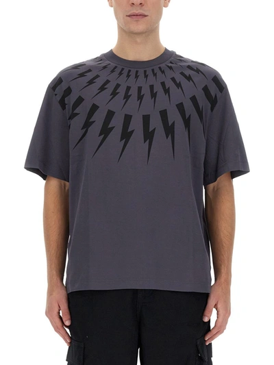 Neil Barrett Slim Dropped Shoulder Fairisle Thunderbolt T-shirt In Grey