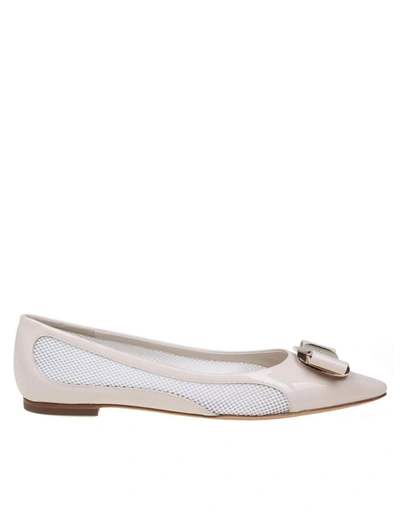 Ferragamo Patent Leather And Mesh Ballet Flats In Gold