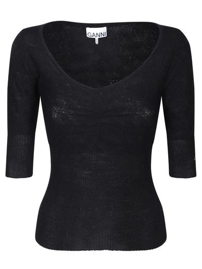Ganni Ribbed-knit Merino Wool Top In Black