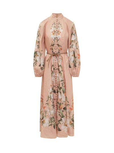 Zimmermann Linen Floral Midi Dress In Pink