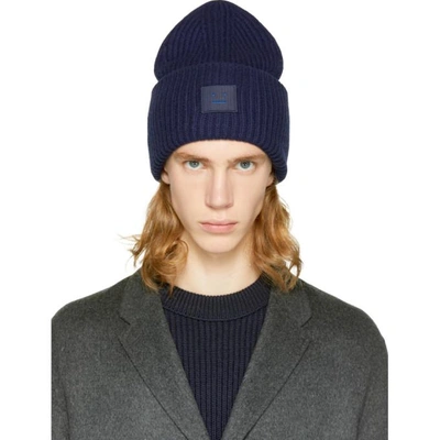 Acne Studios Pansy Face Wool-blend Beanie Hat In Navy Blue