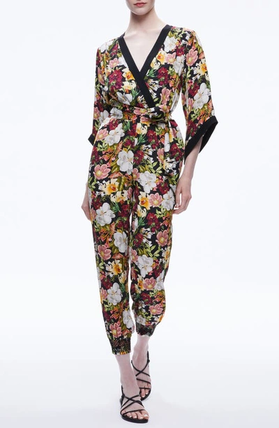 Alice And Olivia Floral-print Tied-waist Jumpsuit In Juniper Floral Black