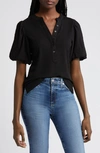 Dkny Puff Sleeve Mixed Media Henley Top In Black