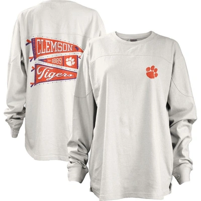 Pressbox Women's  White Distressed Clemson Tigers Pennant Stack Oversized Long Sleeve T-shirt