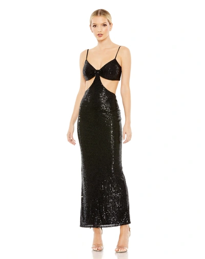 Mac Duggal Sequined Spaghetti Strap Cut Out Gown In Black