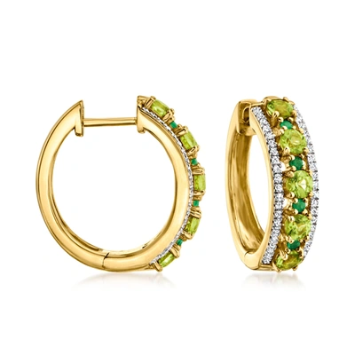 Ross-simons Peridot And . Diamond Hoop Earrings With Emerald Accents In 18kt Gold Over Sterling. 5/8 Inches In Green