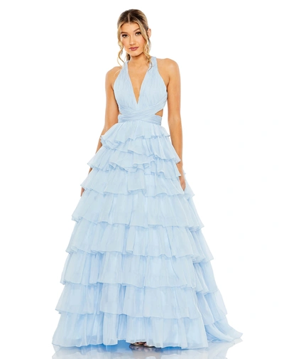 Mac Duggal Chiffon Layered Cut Out Ballgown In Blue