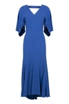 Victoria Beckham Hem Asymmetric Flared Midi V-neck Dress In Blue