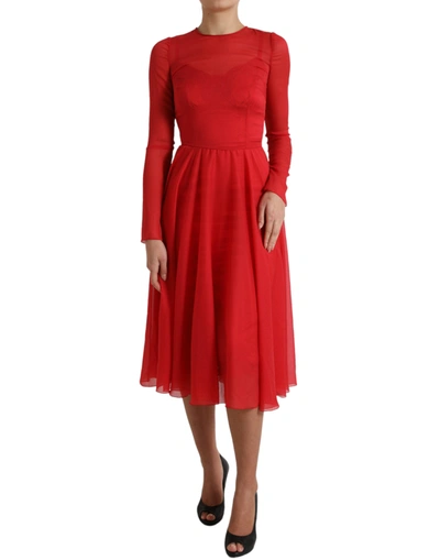 Dolce & Gabbana Red Silk Pleated Aline Long Sleeve Midi Dress