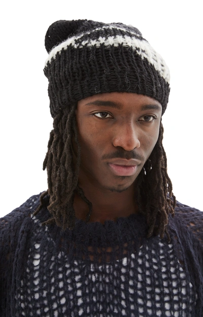 Airei Hand Knit Recycled Yarn Beanie In Black/white