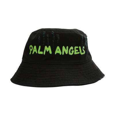 Palm Angels Seasonal Logo Bucket Hat In Black/green Fluo