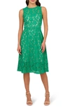 ADRIANNA PAPELL BELTED SLEEVELESS LACE MIDI DRESS