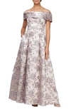 ALEX EVENINGS METALLIC FLORAL OFF THE SHOULDER JACQUARD GOWN