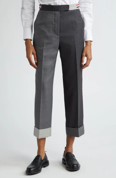 THOM BROWNE THOM BROWNE FUN-MIX CONTRAST PANEL CUFF HEM WOOL TROUSERS