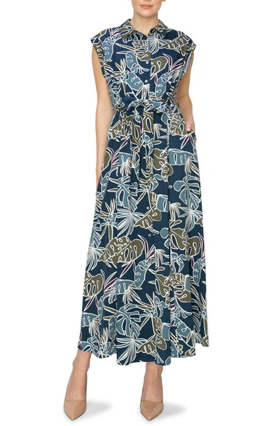 Melloday Tropical Print Extended Shoulder Shirtdress In Navy Tropical