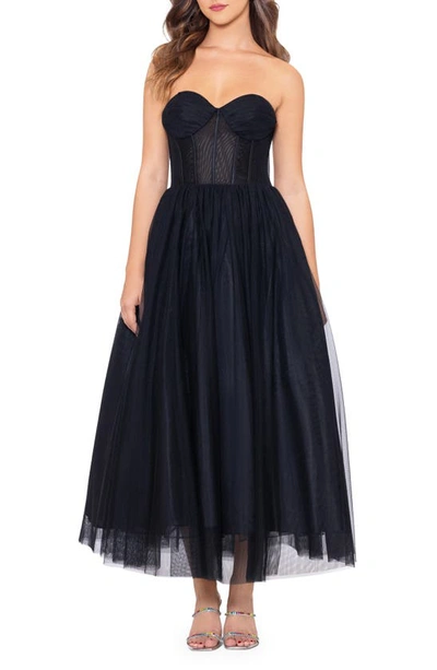 BETSY & ADAM BETSY & ADAM BUSTIER BODICE MESH GOWN 