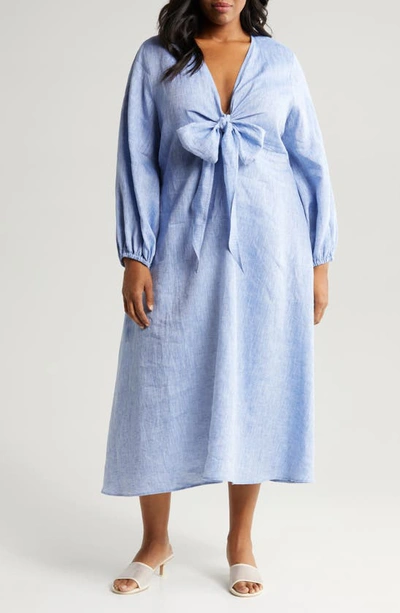 Harshman Plus Size Novella V-neck Knot Balloon-sleeve Midi Dress In Denim Blue