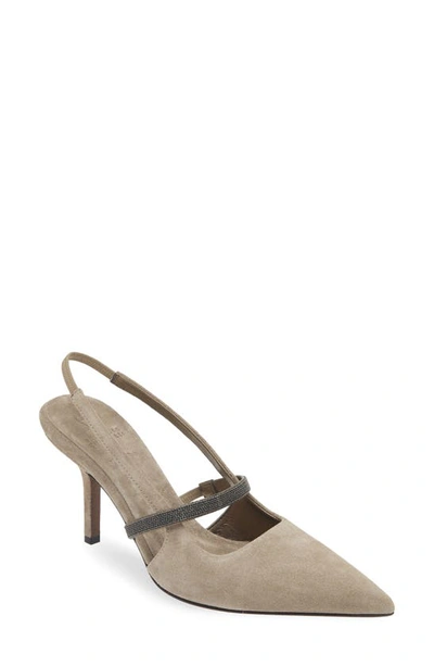 Brunello Cucinelli 80mm Slingback Suede Pumps In Grey