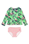 Rufflebutts Kids' Flamingo Frenzy Long Sleeve Two-piece Rashguard Swimsuit In Blue