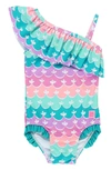 RUFFLEBUTTS KIDS' MERMAID ONE-SHOULDER ONE-PIECE SWIMSUIT