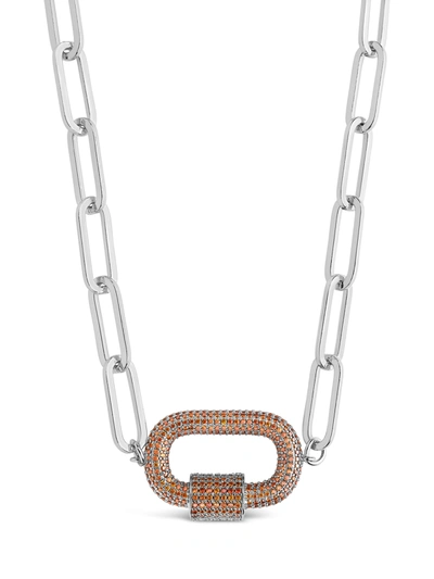 Sterling Forever Rhodium Plated Cz Carabiner Necklace In Silver,red