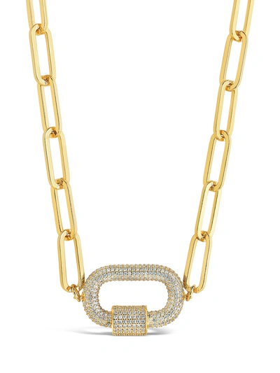 Sterling Forever Pave Cz Carabiner Linked Lock Necklace In Gold