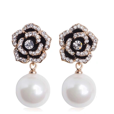 Liv Oliver 18k Gold Black Rose Embellished Pearl Drop Earrings In Silver