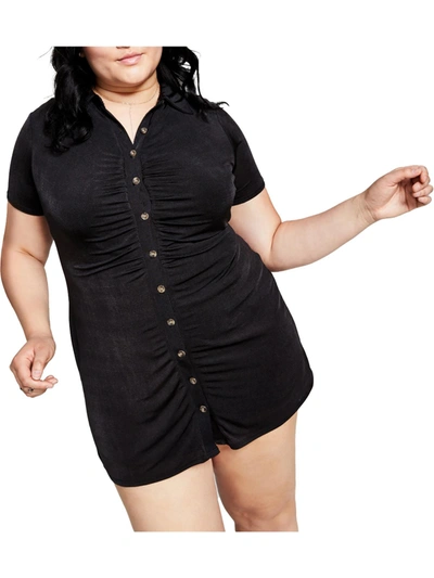 And Now This Plus Womens Ruched Short Shirtdress In Black