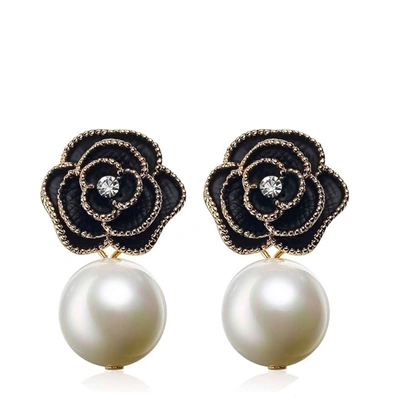 Liv Oliver 18k Gold Flower Pearl Drop Earrings In Black