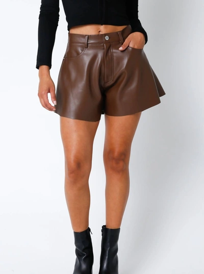 Olivaceous Vegan Leather Flare Shorts In Brown