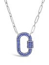 Sterling Forever Pave Cz Carabiner Lock Necklace [silver/blue] In Silver