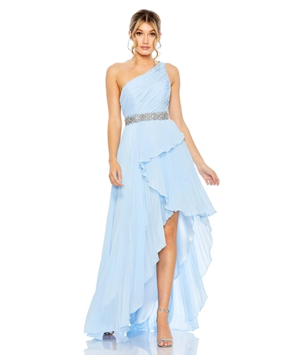 MAC DUGGAL PLEATED ONE SHOULDER ASYMMETRICAL RUFFLE HEM GOWN