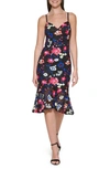 GUESS FLORAL EMBROIDERED FLOUNCE HEM MIDI DRESS