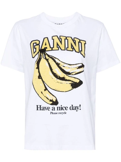 Ganni Banana Print Cotton T-shirt In White