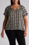 Max Studio Split Neck Top In Cream/ Blk Linum Floral