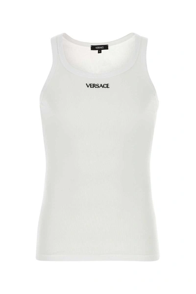 Versace Geripptes Tanktop Aus Baumwolle Mit Logo In White